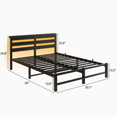 Queen Size Metal Bed Frame With Wooden Headboard and RGB lights