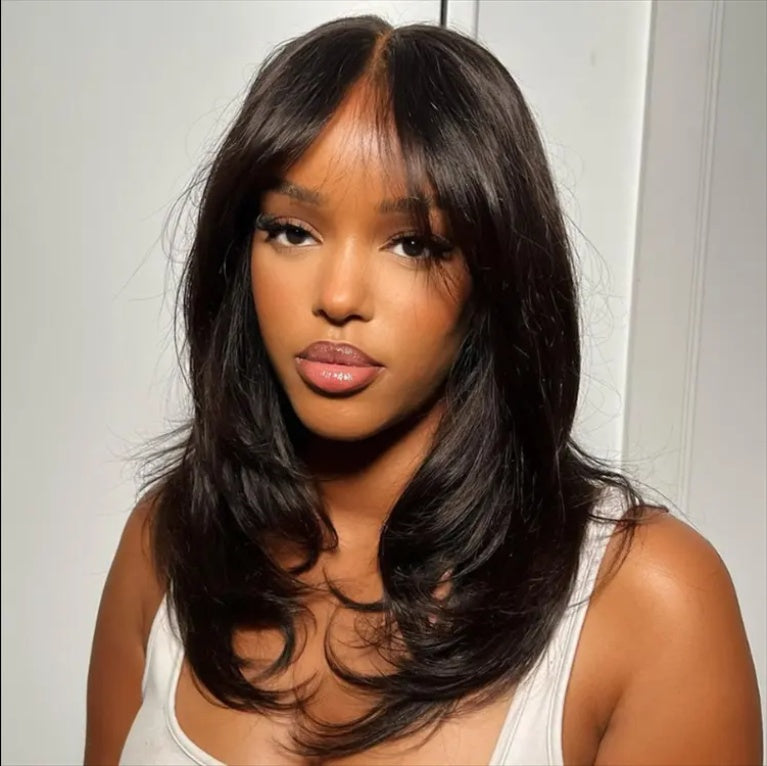 9x6 Lace Wavy Layer Cut Non-Glue Wig With Curtain Bangs Black Female Human Hair Wig