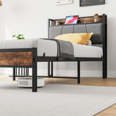 Twin Size Bed Frame, Storage Headboard With Charging Station