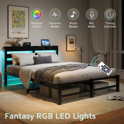 Queen Size Metal Bed Frame With Wooden Headboard and RGB lights