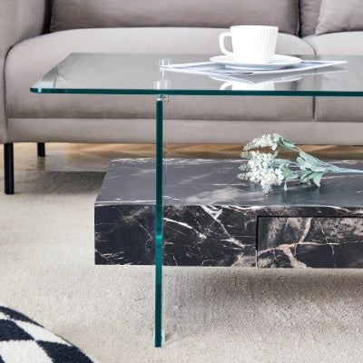 Modern Two-Tier Clear Tempered Glass And Black Marble Texture