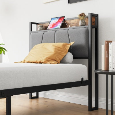 Twin Size Bed Frame, Storage Headboard With Charging Station