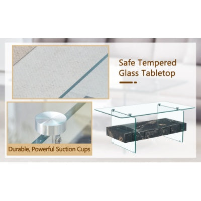 Modern Two-Tier Clear Tempered Glass And Black Marble Texture