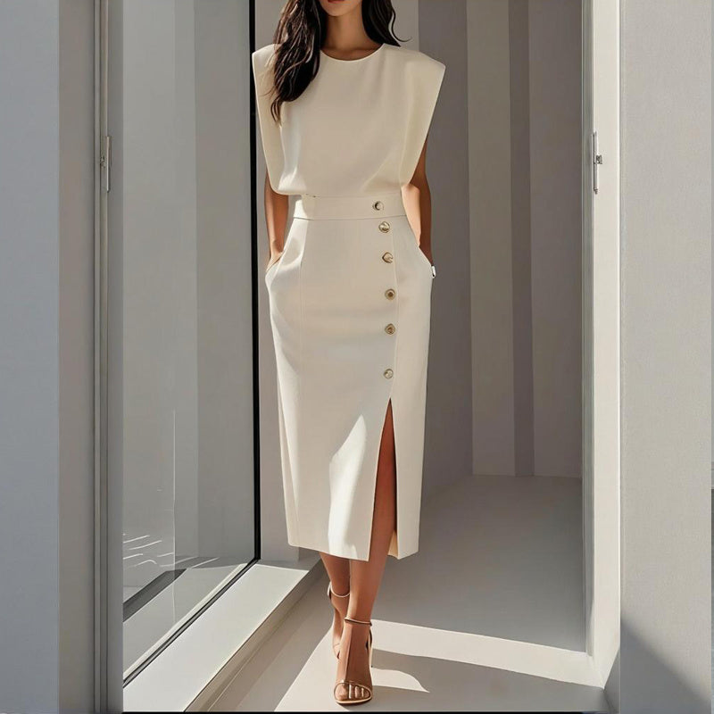 Women's Solid Color Round Neck Short Sleeve Dress With Side Slit
