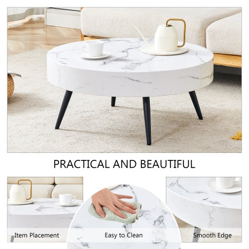 White Marble-Patterned Round Coffee Table