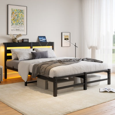 Queen Size Metal Bed Frame With Wooden Headboard and RGB lights