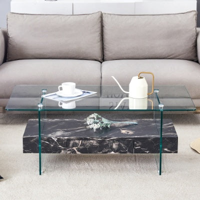 Modern Two-Tier Clear Tempered Glass And Black Marble Texture
