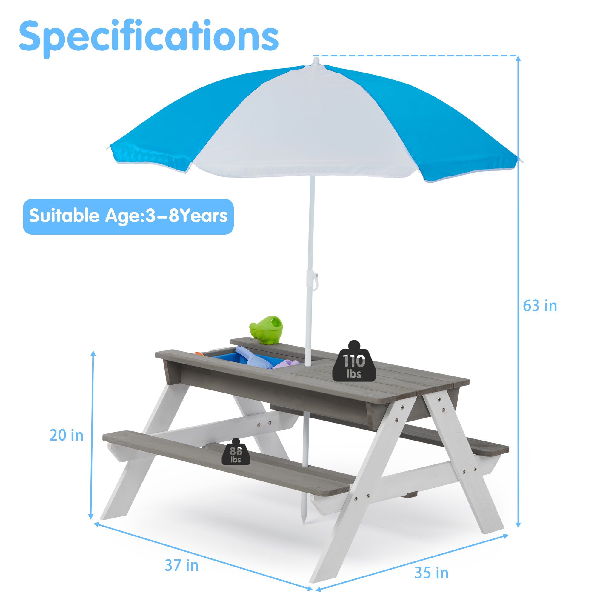 3-in-1 Children's Outdoor Wooden Picnic Table With Umbrella