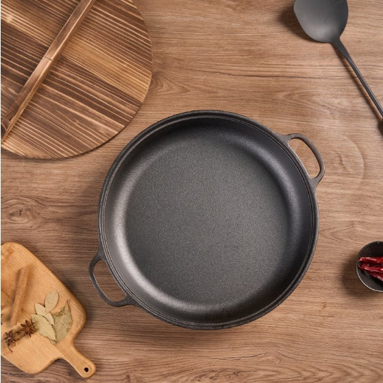 11 Cast Iron Wok With Dual Handles And Wooden Lid, Uncoated Frying Pan