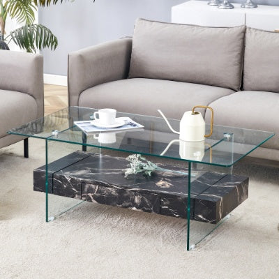 Modern Two-Tier Clear Tempered Glass And Black Marble Texture