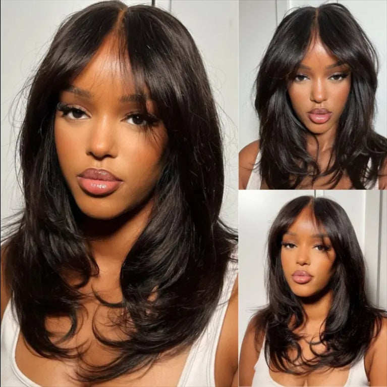 9x6 Lace Wavy Layer Cut Non-Glue Wig With Curtain Bangs Black Female Human Hair Wig