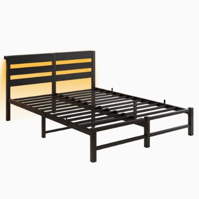 Queen Size Metal Bed Frame With Wooden Headboard and RGB lights