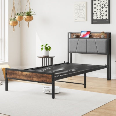 Twin Size Bed Frame, Storage Headboard With Charging Station
