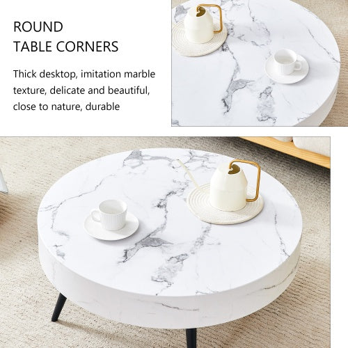 White Marble-Patterned Round Coffee Table