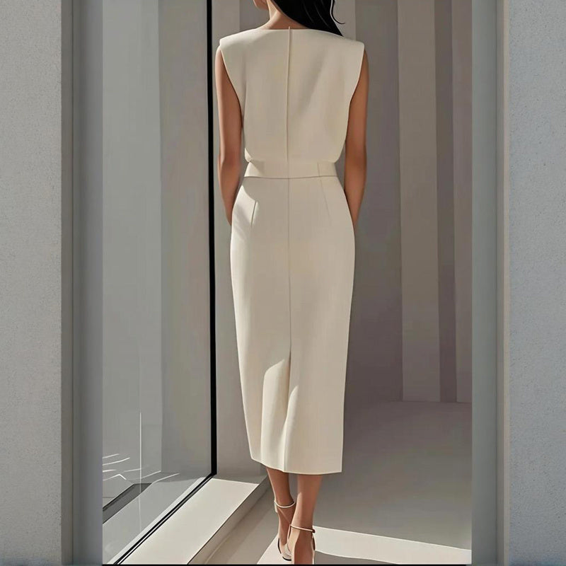 Women's Solid Color Round Neck Short Sleeve Dress With Side Slit