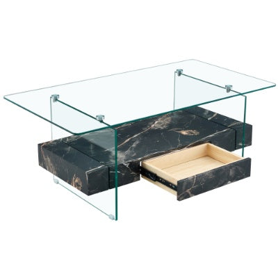 Modern Two-Tier Clear Tempered Glass And Black Marble Texture