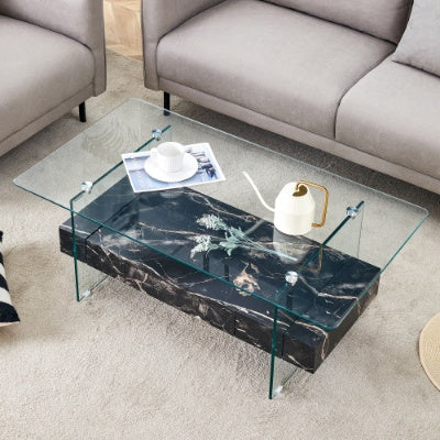 Modern Two-Tier Clear Tempered Glass And Black Marble Texture