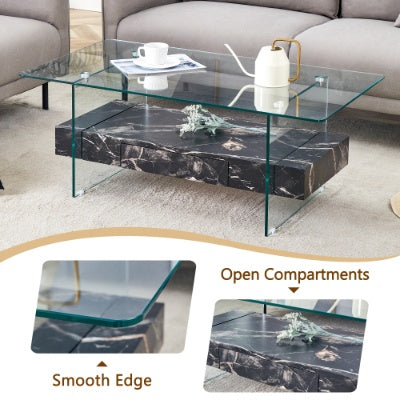 Modern Two-Tier Clear Tempered Glass And Black Marble Texture