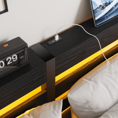 Queen Size Metal Bed Frame With Wooden Headboard and RGB lights