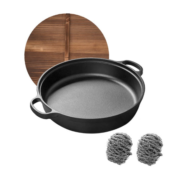 11 Cast Iron Wok With Dual Handles And Wooden Lid, Uncoated Frying Pan