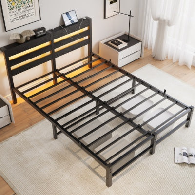 Queen Size Metal Bed Frame With Wooden Headboard and RGB lights