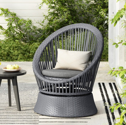 Modern Gray Wicker Lounge Chair With Rattan And Iron Frame