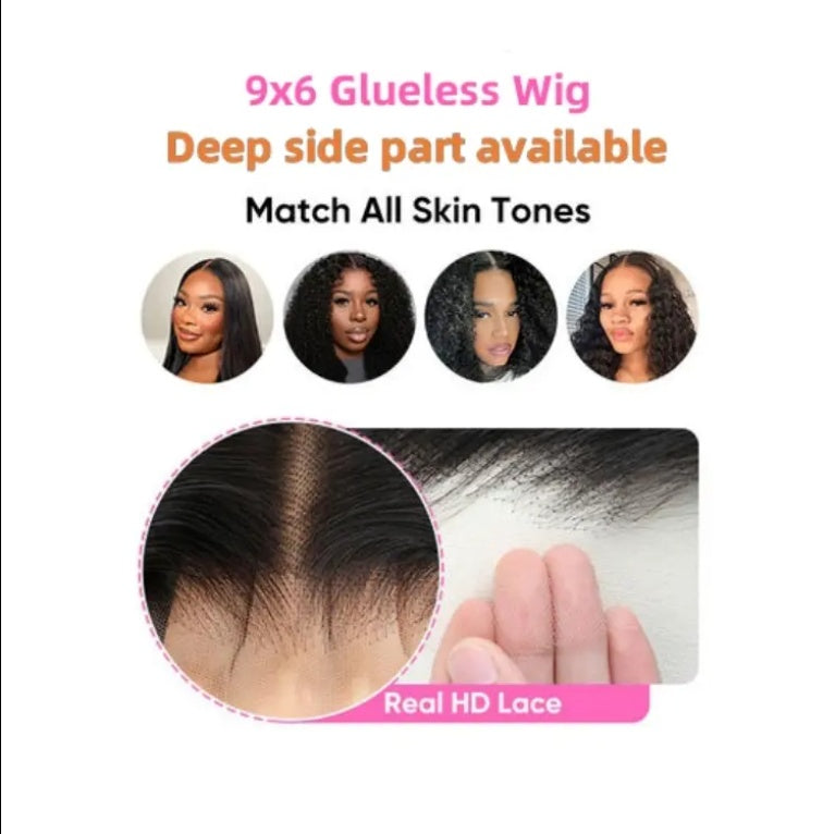 9x6 Lace Wavy Layer Cut Non-Glue Wig With Curtain Bangs Black Female Human Hair Wig