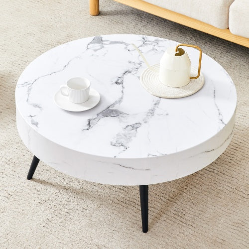 White Marble-Patterned Round Coffee Table