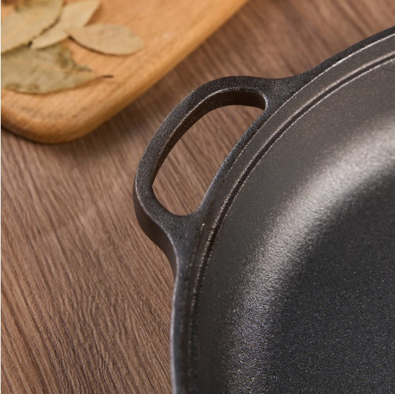 11 Cast Iron Wok With Dual Handles And Wooden Lid, Uncoated Frying Pan