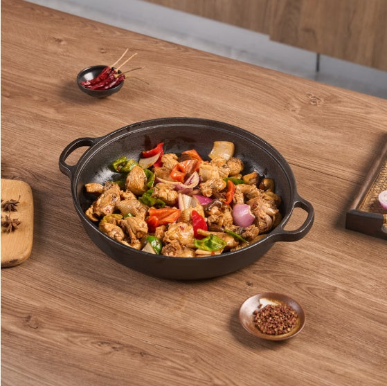 11 Cast Iron Wok With Dual Handles And Wooden Lid, Uncoated Frying Pan
