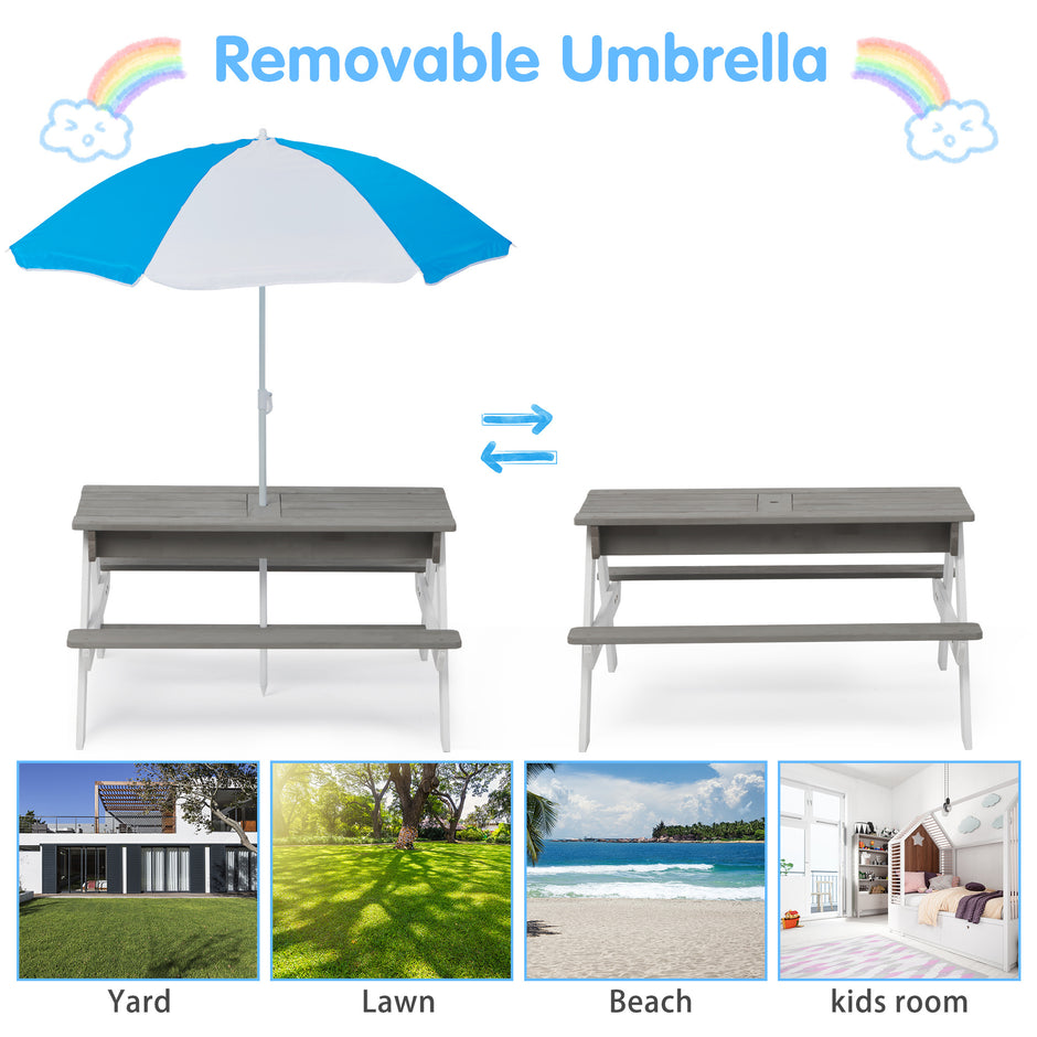 3-in-1 Children's Outdoor Wooden Picnic Table With Umbrella