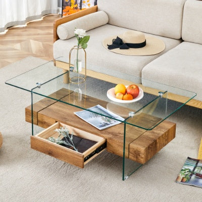 Modern Two-Tier Clear Tempered Glass And Black Marble Texture