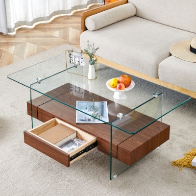 Modern Two-Tier Clear Tempered Glass And Black Marble Texture