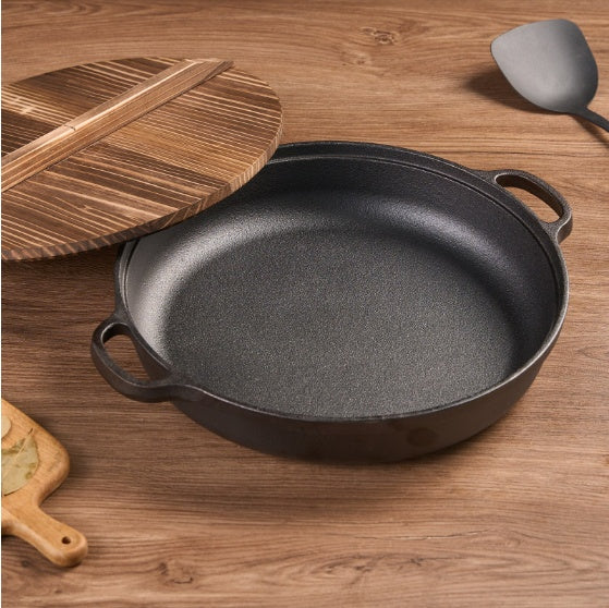 11 Cast Iron Wok With Dual Handles And Wooden Lid, Uncoated Frying Pan