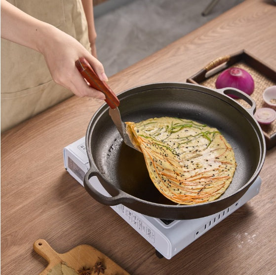 11 Cast Iron Wok With Dual Handles And Wooden Lid, Uncoated Frying Pan