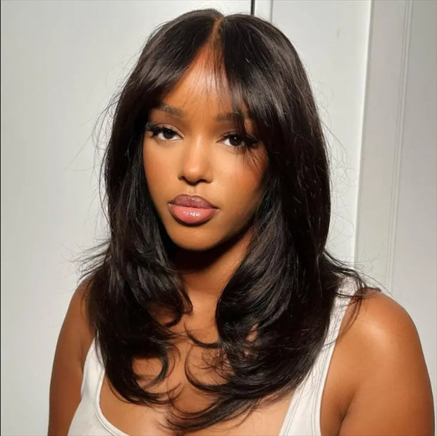 9x6 Lace Wavy Layer Cut Non-Glue Wig With Curtain Bangs Black Female Human Hair Wig