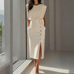 Women's Solid Color Round Neck Short Sleeve Dress With Side Slit