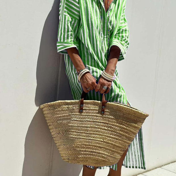 Striped Shirt Dress With Belt Fashion Half-sleeved Lapel Button Cardigan Dress