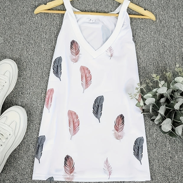 Ladies' V-neck Feather Print