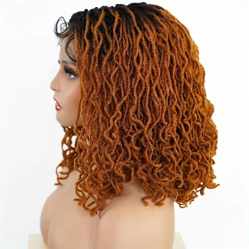 4x4 Lace Front Braided Wig Curly Mini Faux Locs Ombre Brown