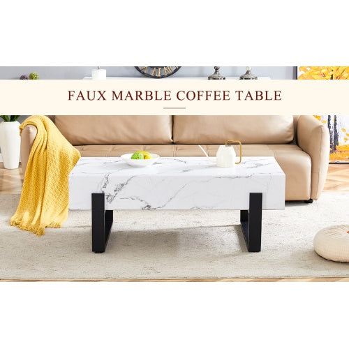 Black and White Minimalist MDF Marble-Patterned Coffee Table.