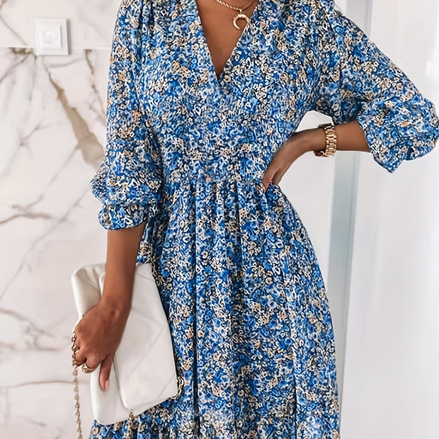V-neck Printed Dress With Ruffled Sleeves