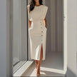 Women's Solid Color Round Neck Short Sleeve Dress With Side Slit