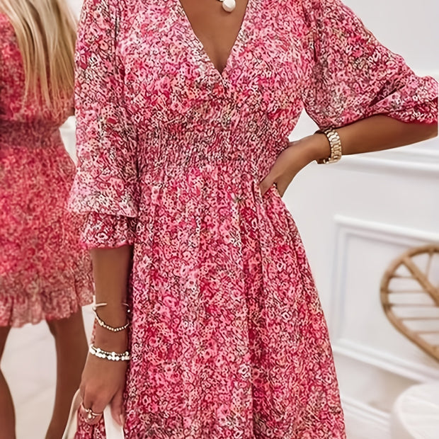 V-neck Printed Dress With Ruffled Sleeves
