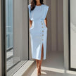 Women's Solid Color Round Neck Short Sleeve Dress With Side Slit