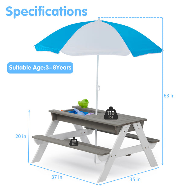 3-in-1 Children's Outdoor Wooden Picnic Table With Umbrella