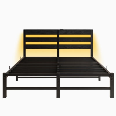 Queen Size Metal Bed Frame With Wooden Headboard and RGB lights