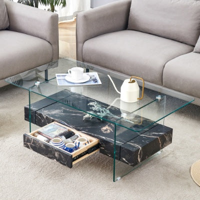 Modern Two-Tier Clear Tempered Glass And Black Marble Texture