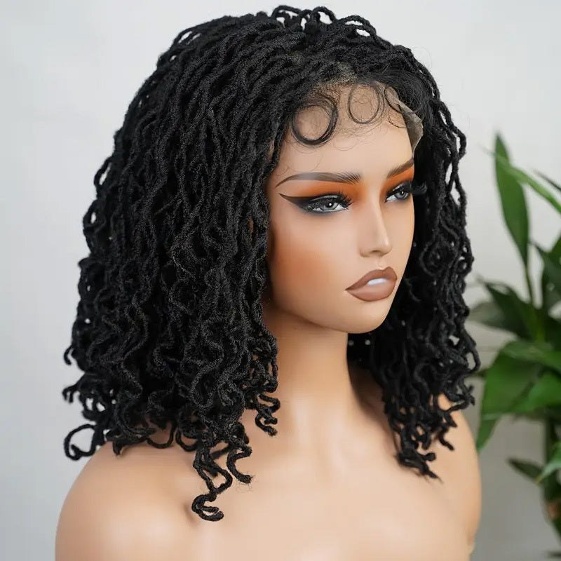 4x4 Lace Front Braided Wig Curly Mini Faux Locs Ombre Brown