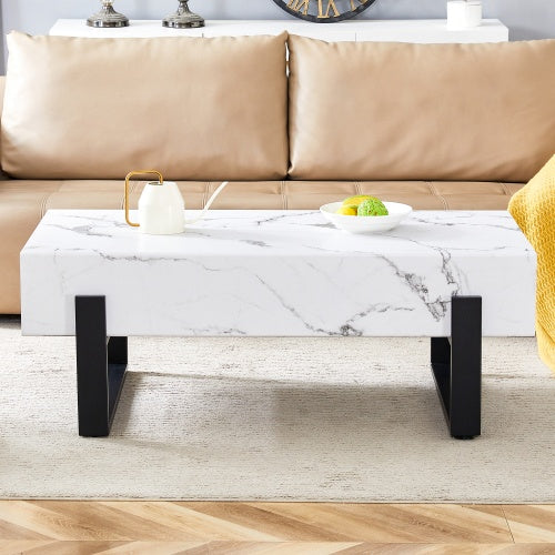 Black and White Minimalist MDF Marble-Patterned Coffee Table.